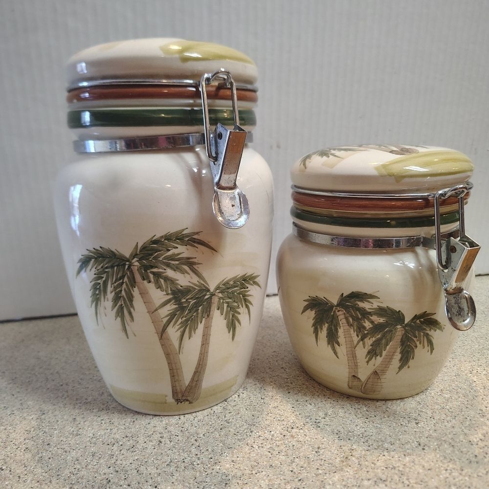 Gibson Palm Tree Ceramic Canister Set - Cream and Green